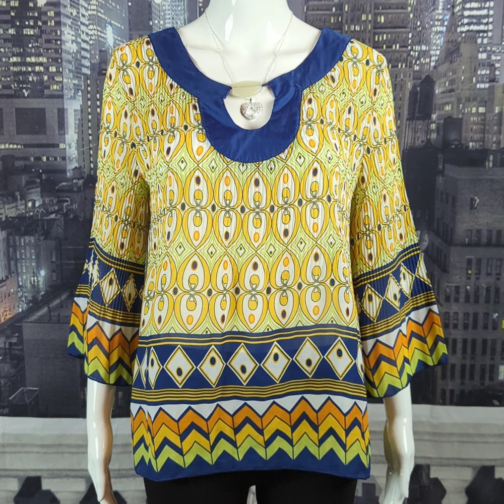 Piano sz S Vintage 90s Pleated Colorful Top with Flared Sleeves & Satin Neckline